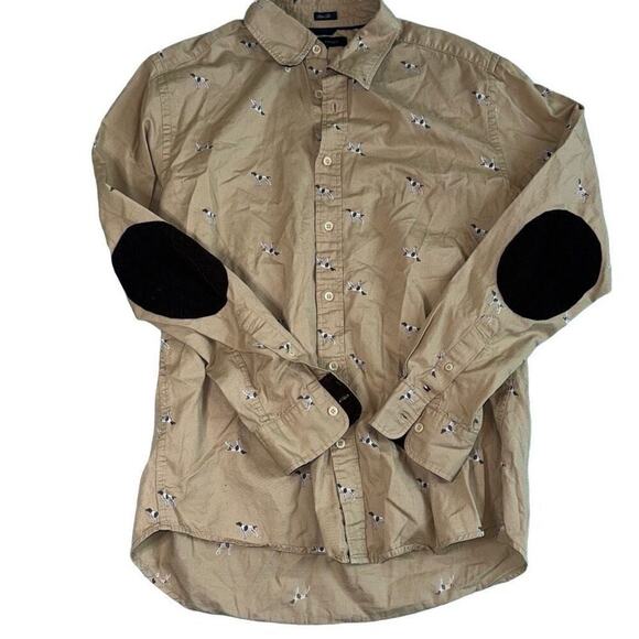 Tommy Hilfiger Slim Fit Shirt hound beagle Dog Print Tan Corduroy Elbow pads L - Picture 1 of 4